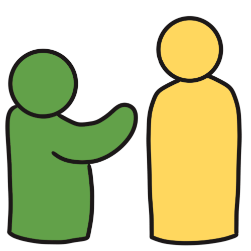 a green figure with one arm out gesturing towards a taller yellow figure.